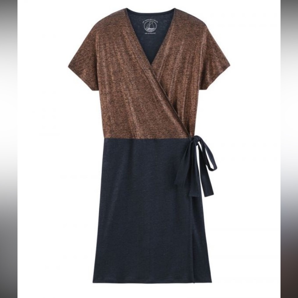 Petit Bateau Navy and Copper Linen Wrap dress medium French
